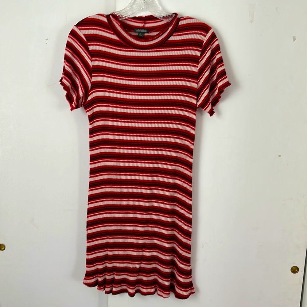 Black, white, and red striped and ribbed short sleeve high neck dress
